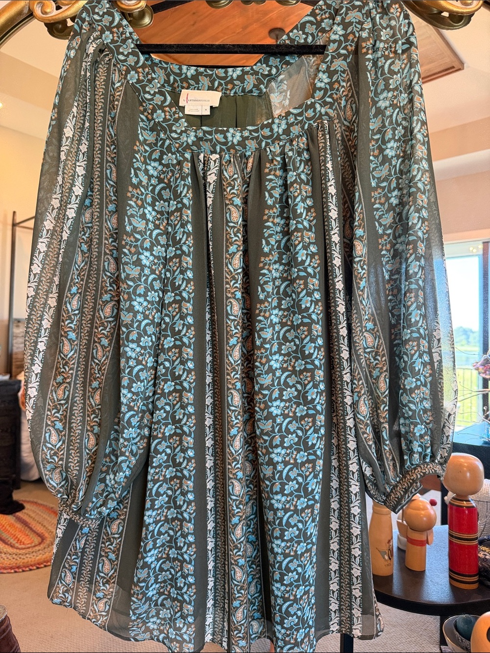 Anthropologie Olive Green and Light Blue Floral Mini Dress